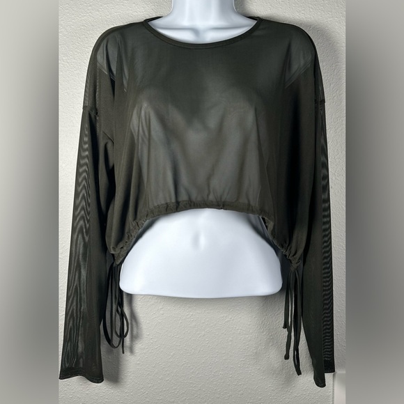Jasmine Tops - Jasmine Olive Green Sheer Mesh Long Sleeve Tie Crop Top Size Medium